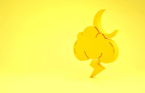 Icône Tempête jaune isolée sur fond jaune. Nuage avec éclair et signe de lune. Icône météo de la tempête. Concept de minimalisme. Illustration 3D rendu 3D — Photo