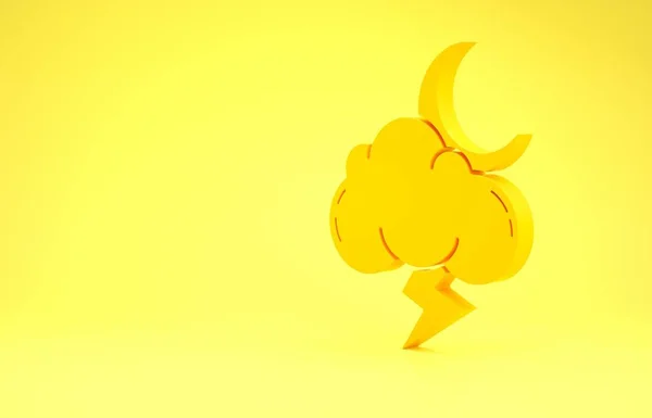 Yellow Storm icon isolated on yellow background. Cloud with lightning and moon sign. Weather icon of storm. Minimalism concept. 3d illustration 3D render