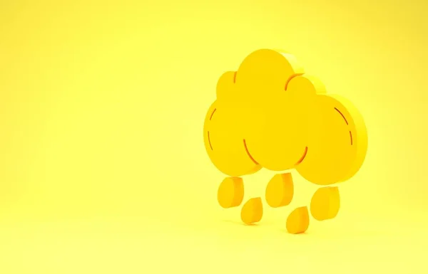 黄色の背景に雨のアイコンが隔離された黄色の雲。雨滴と雨の雲の降水量。最小限の概念。3Dイラスト3Dレンダリング — ストック写真