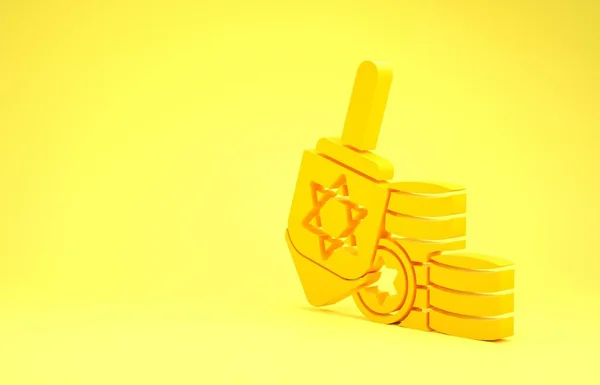 Amarelo Hanukkah dreidel e ícone de moeda isolado no fundo amarelo. Conceito de minimalismo. 3D ilustração 3D render — Fotografia de Stock