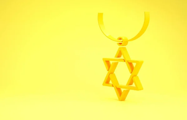 Желтая звезда Давида ожерелье на цепи значок изолирован на желтом фоне. Еврейский символ религии. Символ Израиля. Драгоценности и аксессуары. Концепция минимализма. 3D-рендеринг — стоковое фото