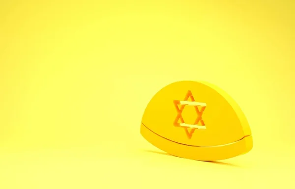 Kippah judío amarillo con la estrella del icono de David aislado en el fondo amarillo. Sombrero judío yarmulke. Concepto minimalista. 3D ilustración 3D render — Foto de Stock