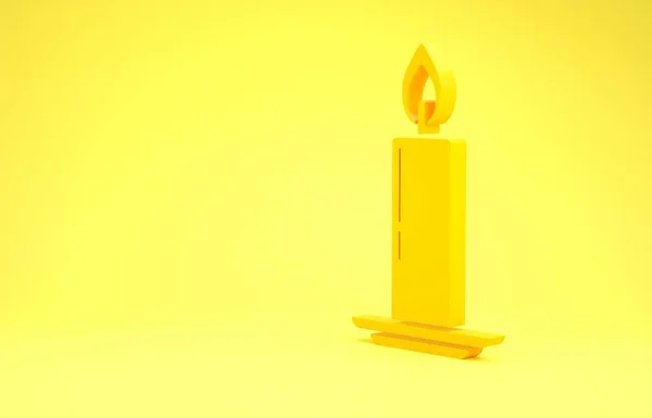 黄色的烛光在烛台图标上燃烧,在黄色的背景上隔离.老式点燃的蜡烛。圆柱形蜡烛与燃烧的火焰粘在一起.最低纲领的概念。3D渲染3D插图 — 图库照片