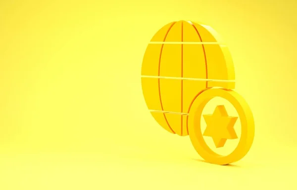 Globo del Mondo Giallo e icona di Israele isolato su sfondo giallo. Concetto minimalista. Illustrazione 3d rendering 3D — Foto Stock