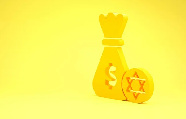 Żółta żydowska torba na pieniądze z gwiazdą Davida i ikoną monety odizolowaną na żółtym tle. Symbol waluty. Koncepcja minimalizmu. Ilustracja 3d — Zdjęcie stockowe