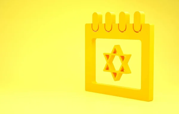 Calendário judaico amarelo com estrela do ícone david isolado no fundo amarelo. Dia do calendário Hanukkah. Conceito de minimalismo. 3D ilustração 3D render — Fotografia de Stock