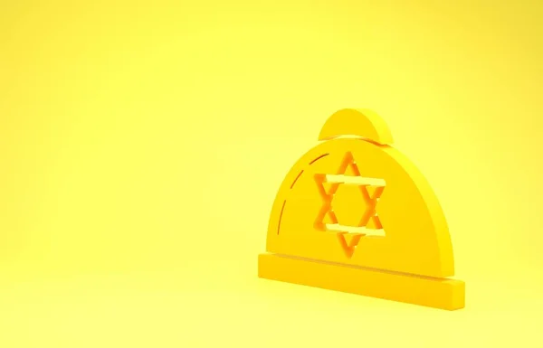 Sarı renkli Yahudi kippah, sarı arka planda izole edilmiş David ikon yıldızı. Yahudi şapkası. Minimalizm kavramı. 3d illüstrasyon 3B canlandırma — Stok fotoğraf