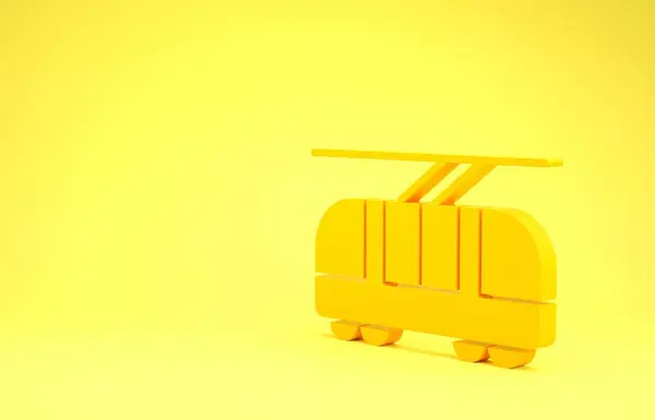 Yellow Tram and railway icon isolated on yellow background. Public transportation symbol. Minimalism concept. 3d illustration 3D render — Stock Photo, Image