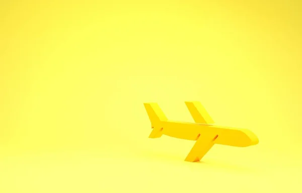 Sarı arka planda izole edilmiş sarı düzlem simgesi. Uçan uçak ikonu. Uçak tabelası. Minimalizm kavramı. 3d illüstrasyon 3d canlandırma — Stok fotoğraf