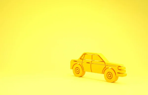Żółta ikona samochodu Sedana na żółtym tle. Koncepcja minimalizmu. Ilustracja 3d — Zdjęcie stockowe