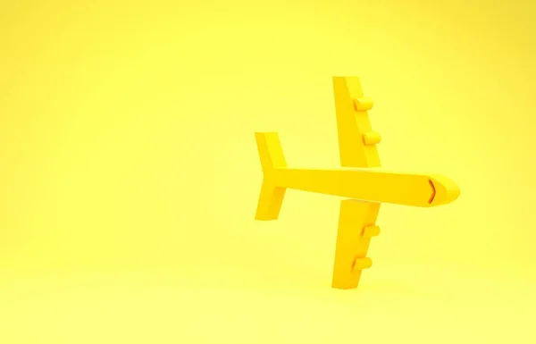 Icona Yellow Plane isolata su sfondo giallo. Icona dell'aereo volante. Segnaletica aerea. Concetto minimalista. Illustrazione 3d rendering 3D — Foto Stock