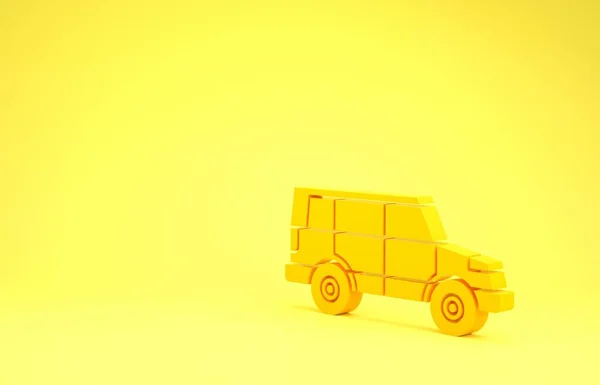 Ícone de carro off road amarelo isolado no fundo amarelo. Sinal de jipe. Conceito de minimalismo. 3D ilustração 3D render — Fotografia de Stock