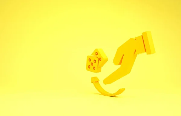 Sarı insan el yapımı zar atma ikonu sarı arka planda izole edilmiş. Minimalizm kavramı. 3d illüstrasyon 3d canlandırma — Stok fotoğraf