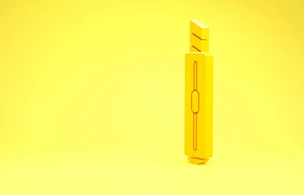 Ícone de faca de papelaria amarelo isolado no fundo amarelo. Cortador de papel de escritório. Conceito de minimalismo. 3D ilustração 3D render — Fotografia de Stock