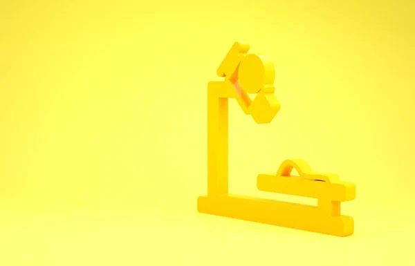 Желтый значок микроскопа выделен на желтом фоне. Химия, фармацевтический инструмент, микробиологическое увеличение. Концепция минимализма. 3D-рендеринг — стоковое фото