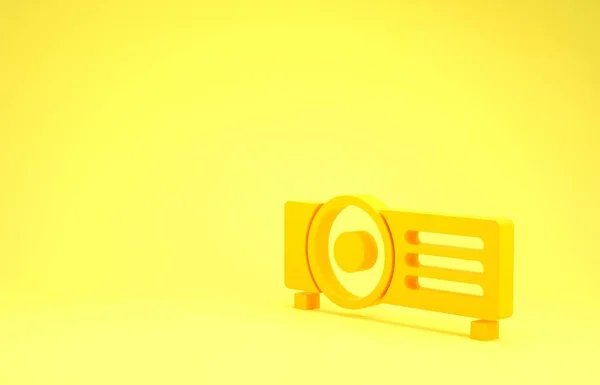Presentazione gialla, film, film, icona del proiettore multimediale isolato su sfondo giallo. Concetto minimalista. Illustrazione 3d rendering 3D — Foto Stock