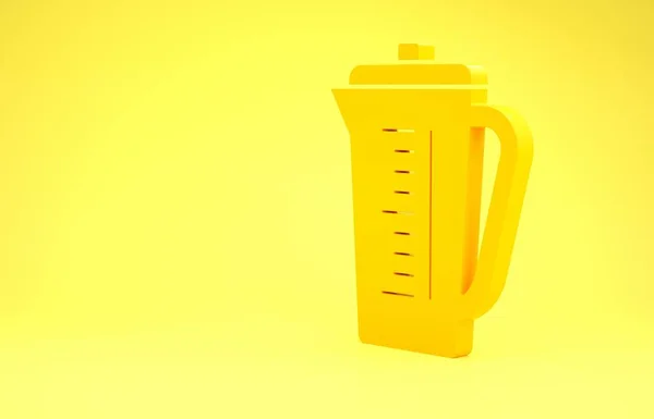 Żółty kubek pomiarowy do pomiaru ikony żywności suchej i płynnej izolowanej na żółtym tle. Zlewka z tworzywa sztucznego z uchwytem. Koncepcja minimalizmu. Ilustracja 3D 3D renderowania — Zdjęcie stockowe