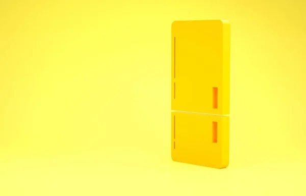 Ícone amarelo do refrigerador isolado no fundo amarelo. Frigorífico congelador geladeira. Tecnologia doméstica e electrodomésticos. Conceito de minimalismo. 3D ilustração 3D render — Fotografia de Stock