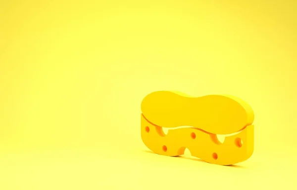 Ícone de esponja amarela isolado no fundo amarelo. Sabedoria de bast para lavar pratos. Conceito de serviço de limpeza. Conceito de minimalismo. 3D ilustração 3D render — Fotografia de Stock
