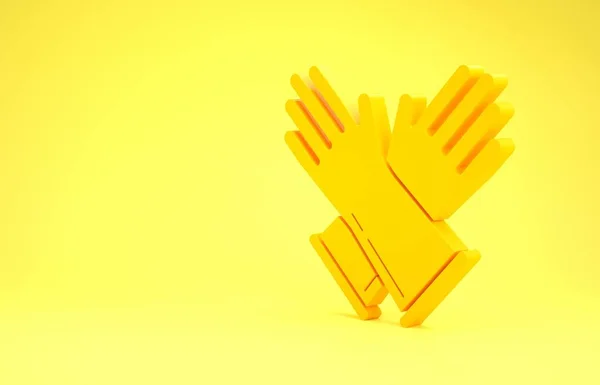 Gants en caoutchouc jaune icône isolée sur fond jaune. Signe de protection des mains en latex. Symbole d'équipement de nettoyage ménager. Concept de minimalisme. Illustration 3D rendu 3D — Photo