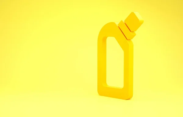 Bouteille en plastique jaune pour détergent à lessive liquide, eau de Javel, liquide vaisselle ou autre icône de nettoyant isolée sur fond jaune. Concept de minimalisme. Illustration 3D rendu 3D — Photo