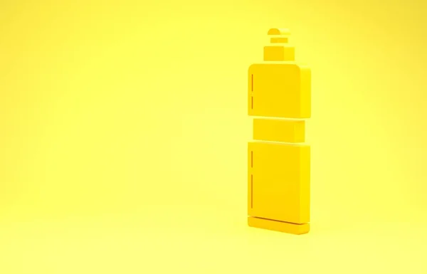 Yellow Plastic bottle for liquid laundry detergent, bleach, dishwashing liquid or another cleaning agent icon isolated on yellow background. Minimalism concept. 3d illustration 3D render — Stock Photo, Image