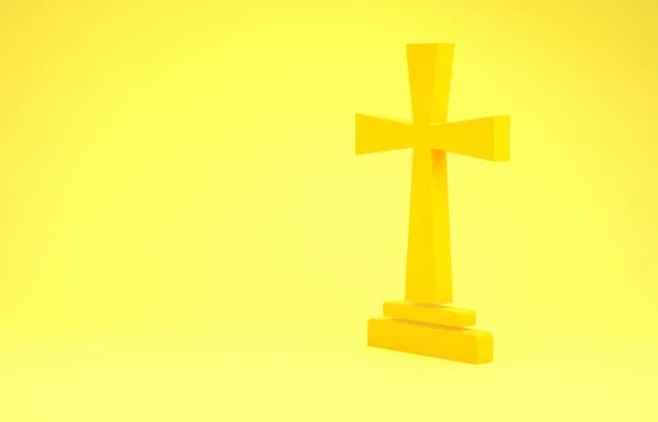 Lápida amarilla con icono de cruz aislado sobre fondo amarillo. Icono de tumba. Concepto minimalista. 3D ilustración 3D render — Foto de Stock