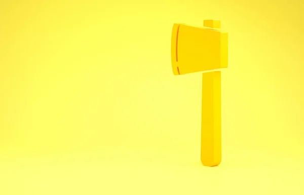 Yellow Wooden axe icon isolated on yellow background. Lumberjack axe. Happy Halloween party. Minimalism concept. 3d illustration 3D render — ストック写真