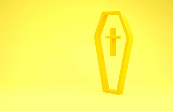 Yellow Coffin with christian cross icon isolated on yellow background. Happy Halloween party. Minimalism concept. 3d illustration 3D render — 스톡 사진