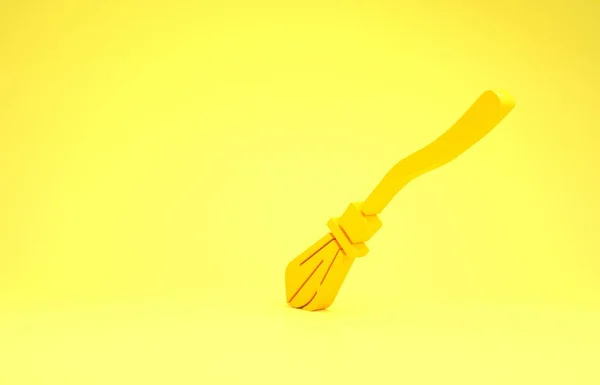 黄色黄色の背景に単離された魔女ほうきアイコン.ハッピーハロウィンパーティー。最小限の概念。3Dイラスト3Dレンダリング — ストック写真