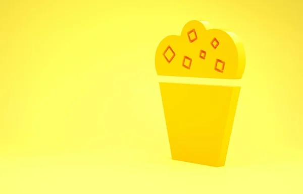 Popcorn giallo in icona scatola di cartone isolato su sfondo giallo. Secchiello per popcorn. Concetto minimalista. Illustrazione 3d rendering 3D — Foto Stock