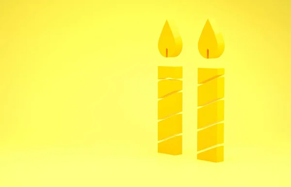 Sarı arkaplanda izole edilmiş sarı doğum günü pastası mumları ikonu. Minimalizm kavramı. 3d illüstrasyon 3d canlandırma — Stok fotoğraf