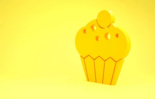 Ícone Muffin amarelo isolado no fundo amarelo. Conceito de minimalismo. 3D ilustração 3D render — Fotografia de Stock