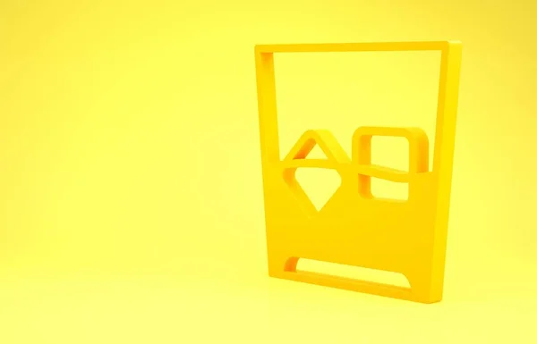 Žluté sklenice whisky a kostky ledu ikony izolované na žlutém pozadí. Minimalismus. 3D ilustrace 3D vykreslení — Stock fotografie