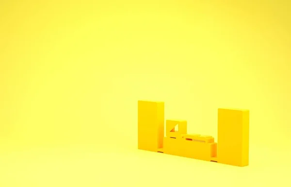 Žluté domácí stereo s ikonou dvou reproduktorů izolované na žlutém pozadí. Hudební systém. Minimalismus. 3D ilustrace 3D vykreslení — Stock fotografie