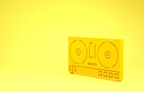 Yellow DJ remote for playing and mixing music icon isolated on yellow background. DJ mixer complete with vinyl player and remote control. Minimalism concept. 3d illustration 3D render — Stok fotoğraf