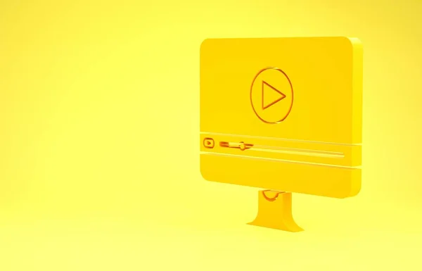 Ícone de vídeo Yellow Online play isolado no fundo amarelo. Monitor de computador e tira de filme com sinal de jogo. Conceito de minimalismo. 3D ilustração 3D render — Fotografia de Stock