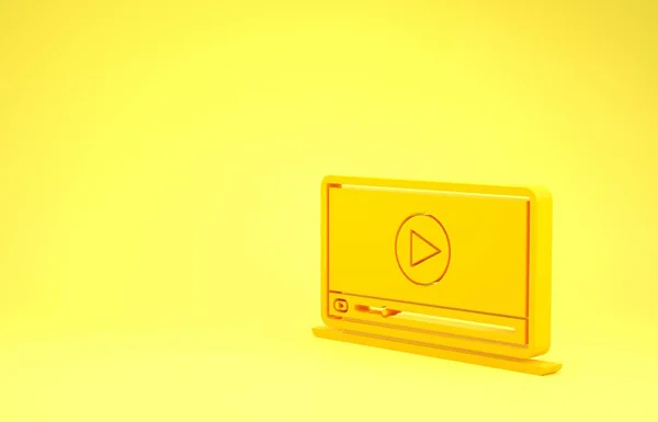 Ícone de vídeo Yellow Online play isolado no fundo amarelo. Laptop e tira de filme com sinal de jogo. Conceito de minimalismo. 3D ilustração 3D render — Fotografia de Stock