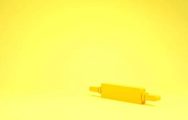 黄色の背景に単離されたローリングピンアイコン.最小限の概念。3Dイラスト3Dレンダリング — ストック写真