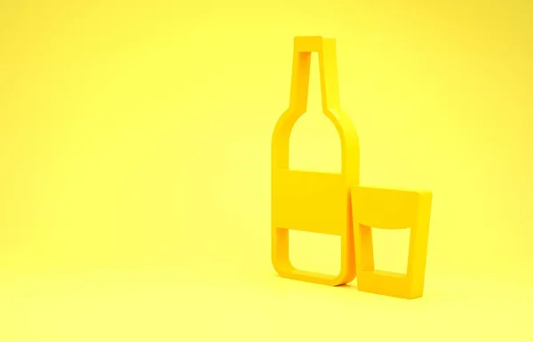 Frasco de vidro amarelo fechado com ícone de leite e vidro isolado no fundo amarelo. Conceito de minimalismo. 3D ilustração 3D render — Fotografia de Stock