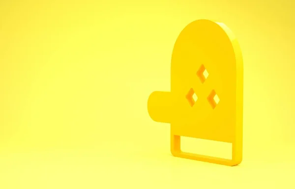 Κίτρινη εικόνα γάντι φούρνου απομονώνεται σε κίτρινο φόντο. Πινακίδα Ποθλάντερ κουζίνας. Μαγειρικό γάντι. Μινιμαλιστική έννοια. 3D απεικόνιση 3d καθιστούν — Φωτογραφία Αρχείου