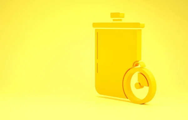 Yellow Cooking pot and kitchen timer icon isolated on yellow background. Boil or stew food symbol. Minimalism concept. 3d illustration 3D render — 스톡 사진