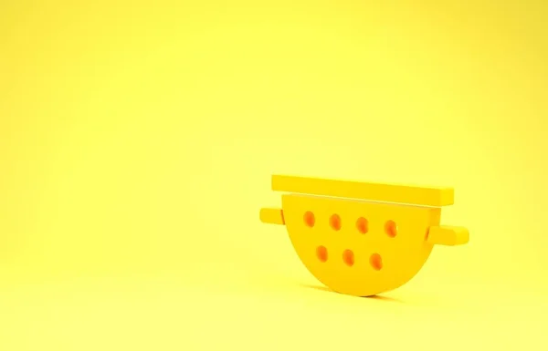 Yellow Kitchen colander icon isolated on yellow background. Cooking utensil. Cutlery sign. Minimalism concept. 3d illustration 3D render — Stok fotoğraf