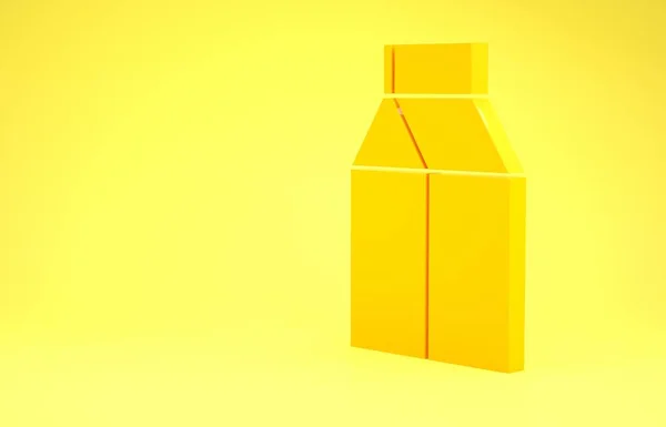 Sárga papírcsomag a sárga alapon izolált tejikonok számára. Tejes csomag jel. Minimalizmus koncepció. 3d illusztráció 3D render — Stock Fotó
