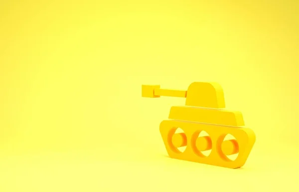 黄色の背景に隔離された黄色の軍用タンクアイコン。最小限の概念。3Dイラスト3Dレンダリング — ストック写真
