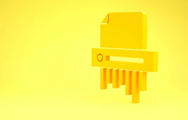 Желтый значок защиты конфиденциальной информации бумажного шредера и частного офиса документов выделен на желтом фоне. Концепция минимализма. 3D-рендеринг — стоковое фото