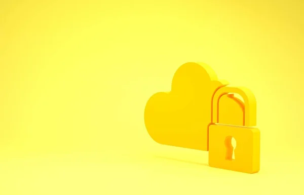Icona di blocco cloud computing giallo isolato su sfondo giallo. Sicurezza, concetto di protezione. Protezione dei dati personali. Concetto minimalista. Illustrazione 3d rendering 3D — Foto Stock