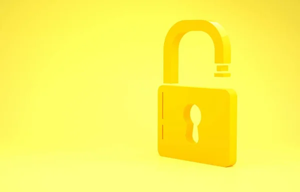 Sárga Nyílt lakat ikon elszigetelt sárga alapon. Kinyitottam a zárat. Kiberbiztonsági koncepció. Digitális adatvédelem. Biztonságos. Minimalizmus koncepció. 3d illusztráció 3d render — Stock Fotó