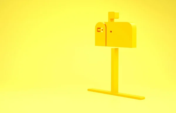 Gul öppen brevlåda ikon isolerad på gul bakgrund. Brevlådeikonen. Brevlåda på stolpe med flagga. Minimalistiskt koncept. 3D-illustration 3D-återgivning — Stockfoto