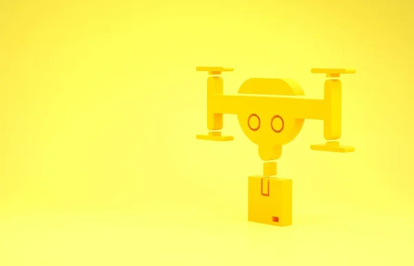 Drone de entrega amarilla con el icono del paquete aislado sobre fondo amarillo. Drone entrega caja de cartón. Concepto minimalista. 3D ilustración 3D render —  Fotos de Stock